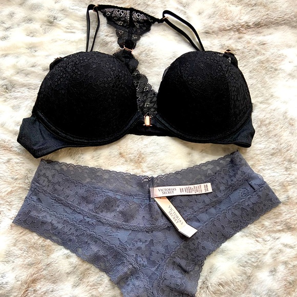 PINK Victoria’s Secret Black lace front clasping push-up bra,w-NWT gray cheekies - Picture 1 of 9